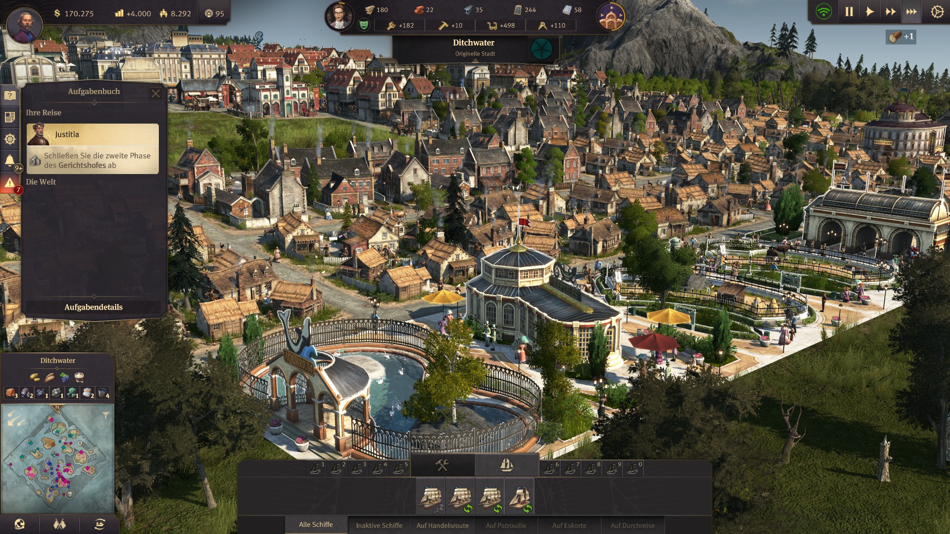 Screenshot des Spiels Anno 1800 - Eine detailreiche, grafisch hochwertige Ansicht einer Stadt die im Spiel erstellt wurde.