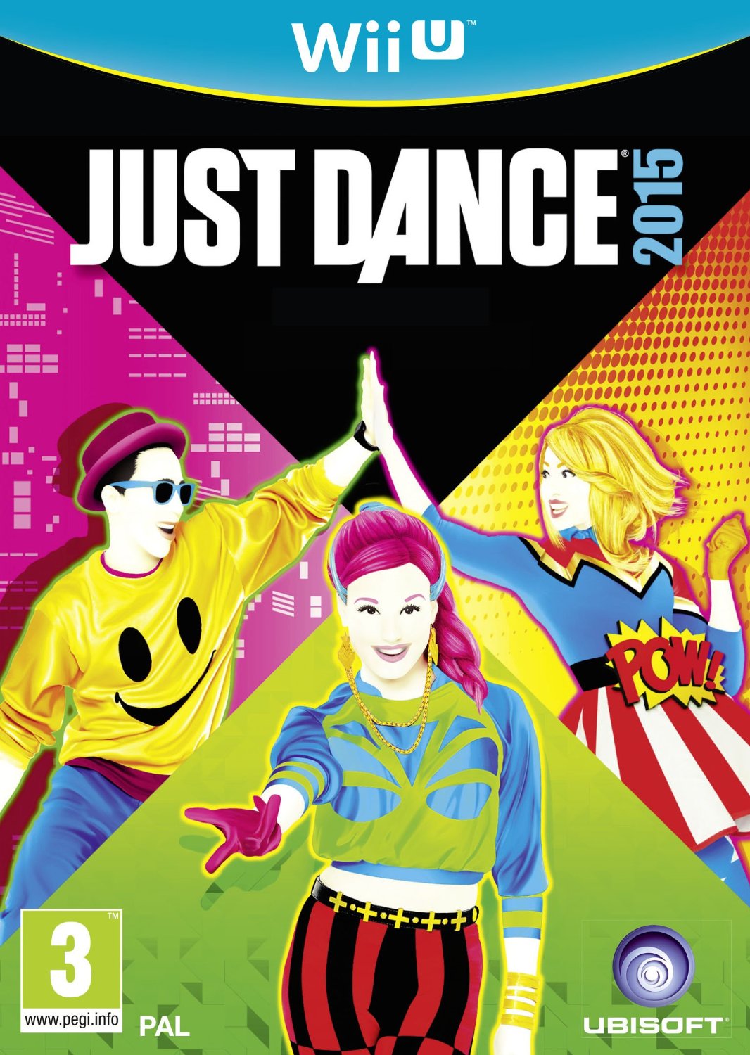 Cover mit schrillen poppigen Farben mit drei tanzenden Figuren und dem Schriftzug von Just dance 2015.