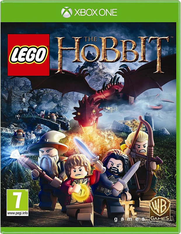 Der Packshot zeigt Lego-Figuren von Thorin, Bilbo, Gandalf und Legolas ,welche vor einem Drachen flüchten.