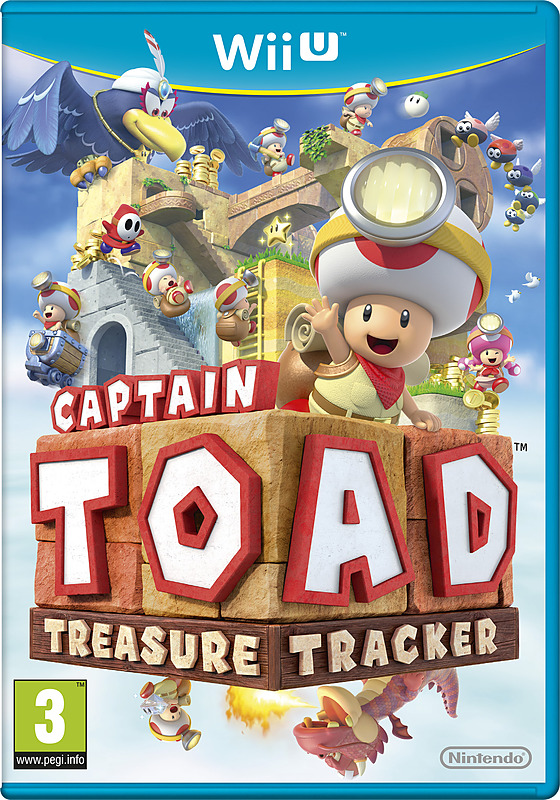 Cover vom Spiel mit Toad, dem Pilz aus der Super Mario-Serie, der wie ein Abenteurer angezogen ist, auf einer fliegenden Insel mit anderen Charakteren aus dem Spiel.