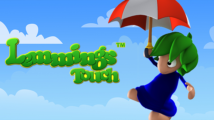 ein für das Spiel typischer "Lemming" mit grünen Haaren an einem rot-weißen Regenschirm