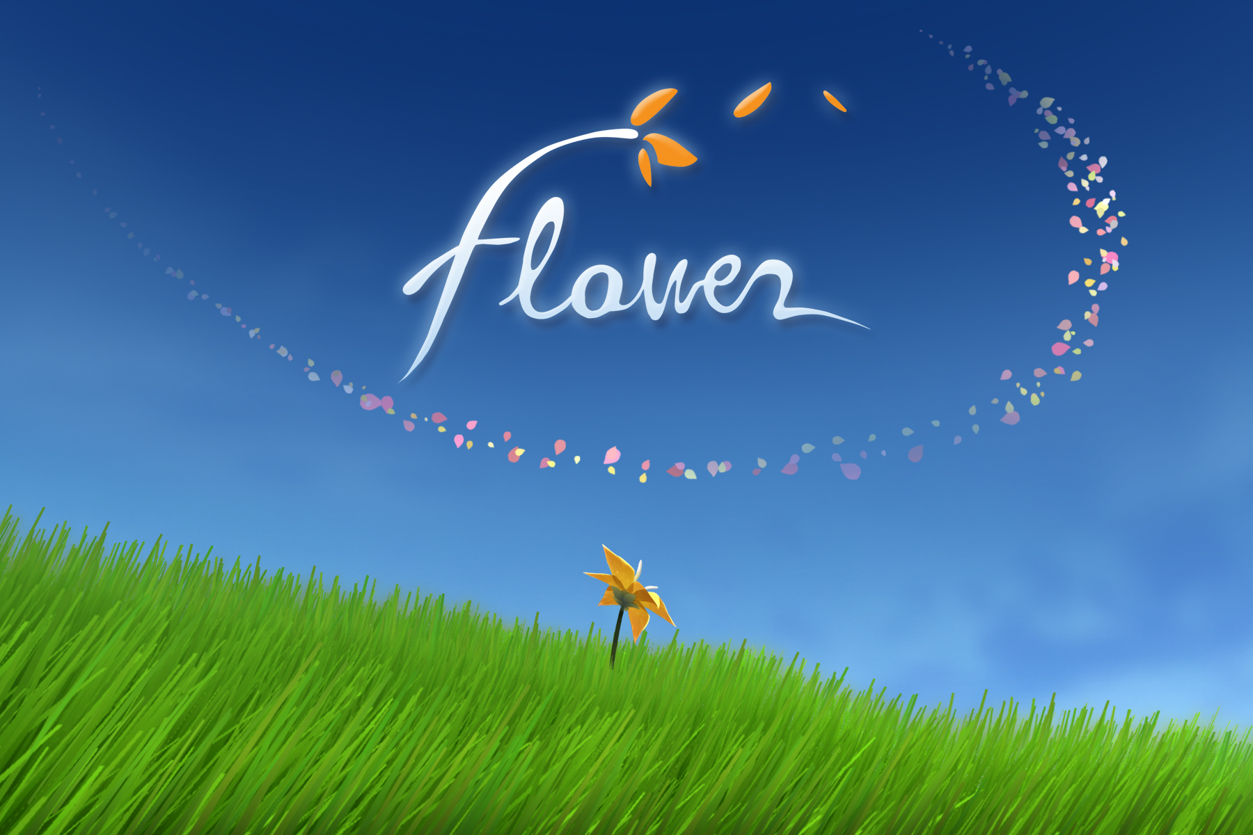 "Flower" Schriftzug mit einer auf der Wiese blühenden Blume