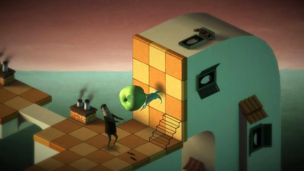 Screenshot: Subob verschiebt auf einer senkrechten Wand einen Apfel, um Bob vor dem Hinunterstürzen zu bewahren.
