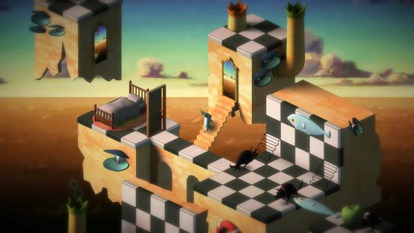 Screenshot: Das Bild zeigt eine weitere surrealistische Spielwelt mit gegnerischen Traumwesen auf einem gemalten Hintergrund.