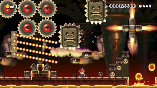 Screenshot: Ein Festungs-Level mit Lava und vielen feurigen Gegnern in moderner Grafik.