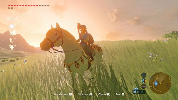 Screenshot: Link reitet auf einem Pferd, umgeben von einer Graslandschaft. 