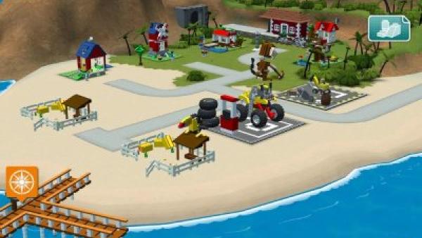 Screenshot: Eine kleine Insel mit verschiedenen Lego-Gebäuden.