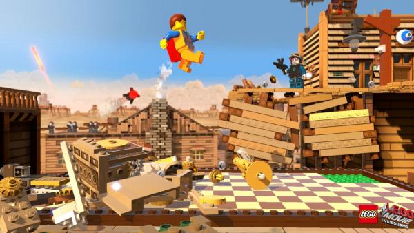 LEGO-Figur springt durch eine Stadt