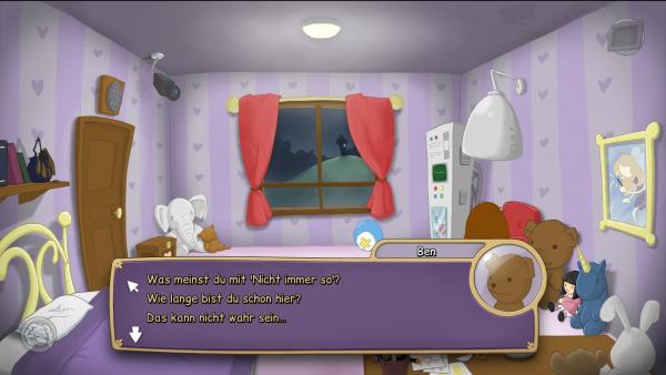 Screenshot: Anna hat verschiedene Auswahlmöglichkeiten beim Dialog mit dem Bären Ben