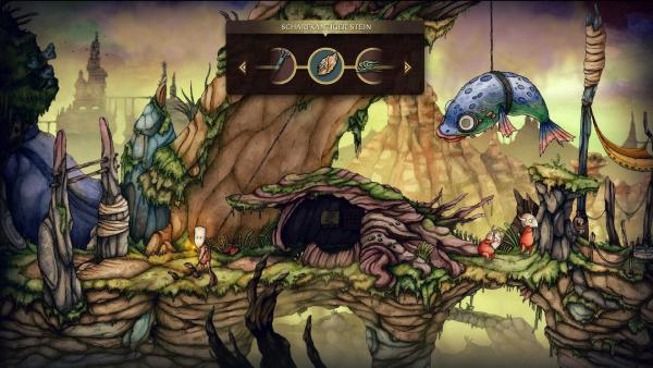 Screenshot: Teku steht vor einem Seil. Im Auswahlmenü wird ein scharfkantiger Stein angezeigt. Mit dem Seil wird ein großer Fisch festgehalten. Darunter stehen zwei gegnerische Spielfiguren.