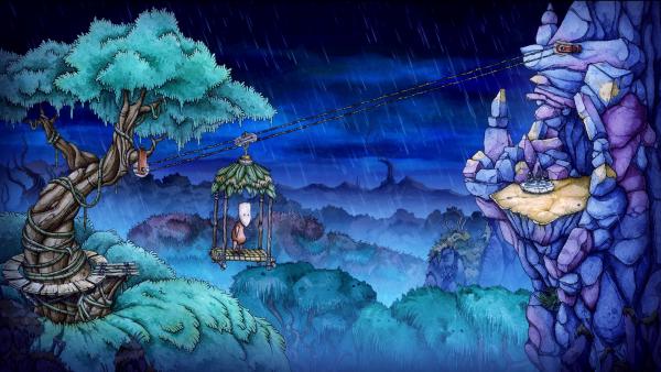 Screenshot: Teku überquert mit einer Art Gondel einen Abgrund. Es regnet.