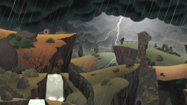 Screenshot: Der alte Mann steht bei Gewitter auf einer Klippe, rundherum sind Hügel.