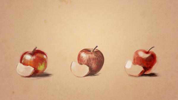 Drei Äpfel mit verschiedener Technik gezeichnet.