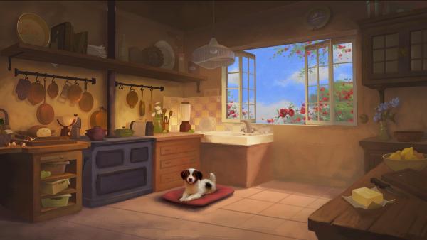 Ein Bild zum nachmalen: Kleiner Hund in Küche.