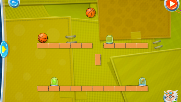 Screenshot: Zwei Basketbälle über mehreren Ziegelsteinen, auf denen sich ein paar Glasgefäße befinden.