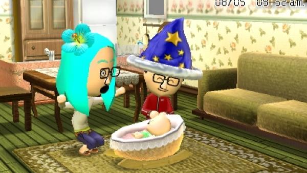 Screenshot von "Tomodachi Life" mit 2 Eltern beim Spielen mit dem Baby