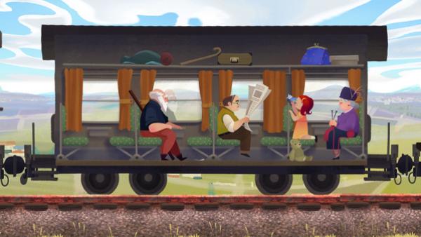 Screenshot: Der alte Mann sitzt in einem Zugabteil und schaut aus dem Fenster.