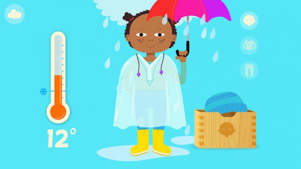Screenshot: Ein Mädchen schützt sich vor Regen und 12°C mit Regenschirm und -mantel.