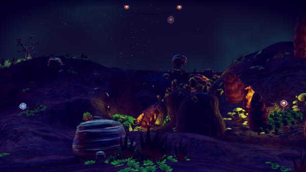 Screenshot: Eine bewachsene Planetenoberfläche bei Nacht.