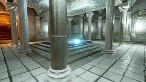 Screenshot: Raum mit Säulen und Leuchten in der Mitte