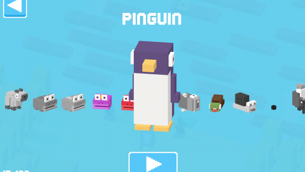 Screenshot: Das Charakter-Auswahlmenü. Ein Pinguin ist bunt im Vordergrund zu sehen, mehrere andere Charaktere dahinter.