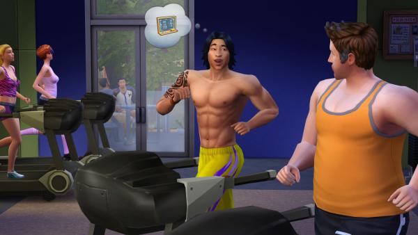 Sims trainieren am Laufband im Fitnesstudio und unterhalten sich dabei.