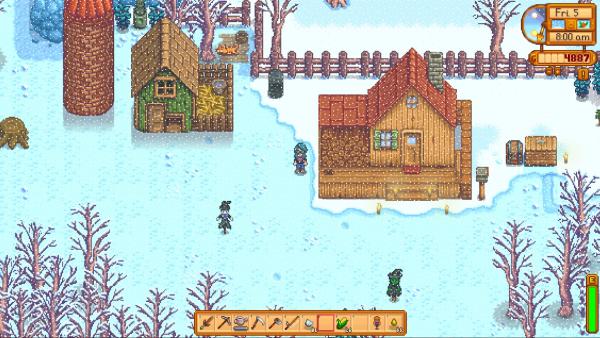 Screenshot: Die Farm in einer verschneiten Winterlandschaft.