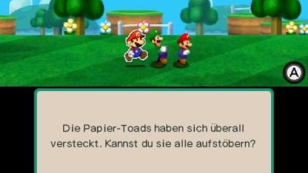 Screenshot: Paper Mario, Mario und Luigi suchen Paper Toads.