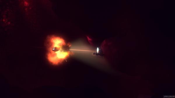 Screenshot: Raumschiff von feindlichen Robotern getroffen