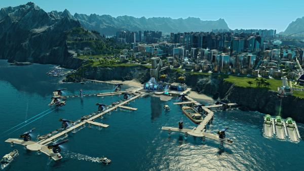Screenshot: Brücken werden übers Meer gebaut, um Inseln miteinander zu verbinden.Im Hintergrund ist die Skyline einer Großstadt ersichtlich.