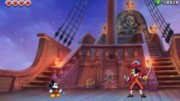Micky und Captain Hook an Bord eines Schiffes.