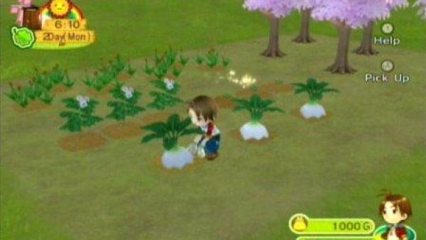 Eine Spielfigur pflanzt Blumen.