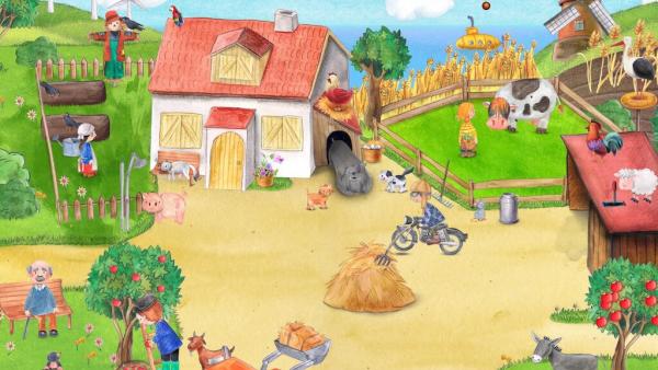 Screenshot: Ein in zeichentrickhafter Manier gehaltener Bauernhof mit einigen Tieren, Menschen und viel Grün.