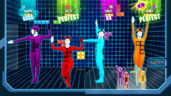 Vier Avatare tanzen in einfärbigen Ganzkörperanzügen. Der Hintergrund erinnert an das Spiel "Tetris".