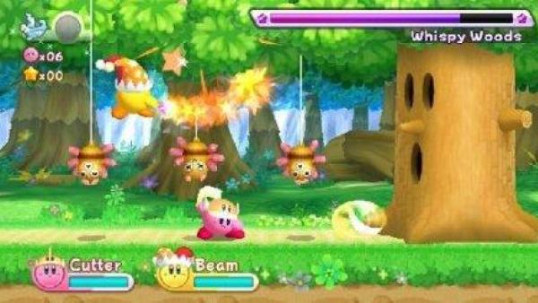 Kirby in einer Jump & Run Szene.