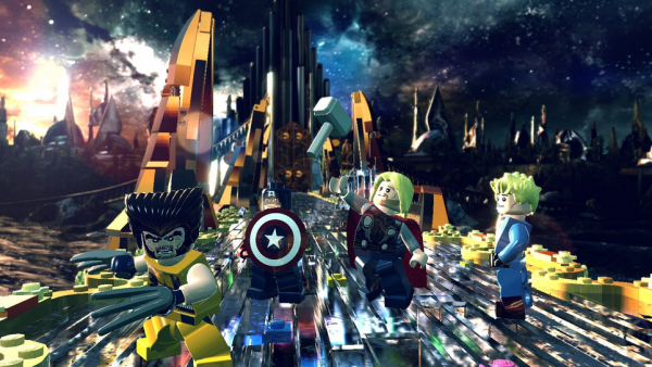 Wolverine, Captain America, Thor und die menschliche Fackel stehen auf der Brücke in Asgard. 