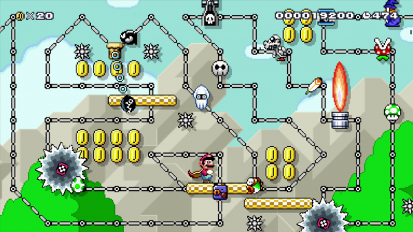 Screenshot: Ein Level mit einer Plattform, die sich auf Schienen automatisch bewegt und vielen Gegnern in altem Grafikdesign.