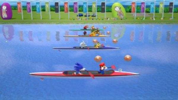 Mario und Sonic rudern in Kanus.