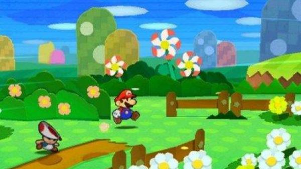 Mario in einer grünen Landschaft.