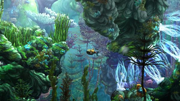 Screenshot: 2D Unterwasserlandschaft mit starkem Seegrasbewuchs. In der Mitte schwimmt ein kleines U-Boot mit einem Mädchen.