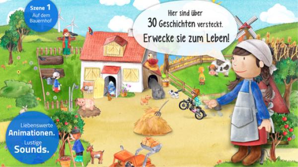 Screenshot: Ein in zeichentrickhafter Manier gehaltener Bauernhof mit einigen Tieren, Menschen und viel Grün. Im Vordergrund ein Mädchen.
