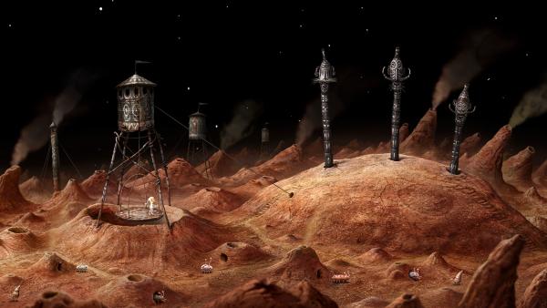 Screenshot: Die Hauptfigur steht in einem Minenaufzug, der über einem großen Loch hängt.. Die Umgebung erinnert an eine rote Sandsteinwüste, in der vereinzelt skurrile käferartige Tiere herumwandern.