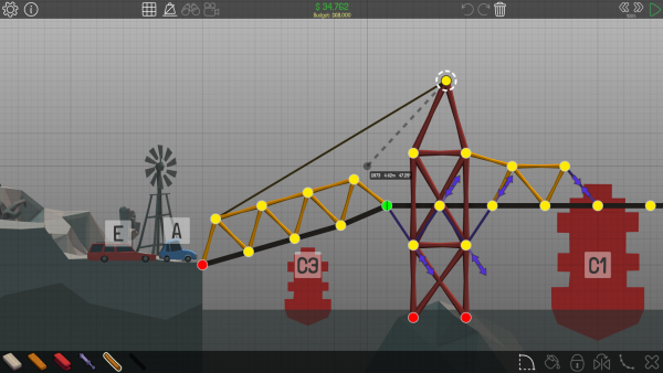 Screenshot: Konstruktionsmenü im Spiel. Schematisch sind verschiedene Brückenelemente zu sehen die über Knoten miteinander verbunden sind.  