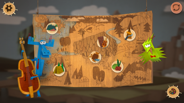 Screenshot: Das Spielmenü stellt eine Landkarte dar, auf der sechs Orte eingezeichnet sind.