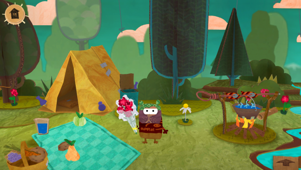 Screenshot: Im Wald ist ein Zelt, eine Picknickdecke und eine Feuerstelle. Ein Hamster hält einen Blumenstrauß in der Hand.