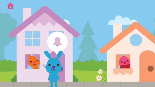 Screenshot: eine blaue Hasenfigur steht vor einem rosa Haus, aus dessen Fenster eine orange Katzenfigur schaut. Rechts daneben ist ein oranges Haus bei der eine rosa Vogelfigur aus dem Fenster sieht. 