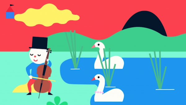Screenshot: Teku spielt neben einem See mit zwei Schänen auf einem Chello.