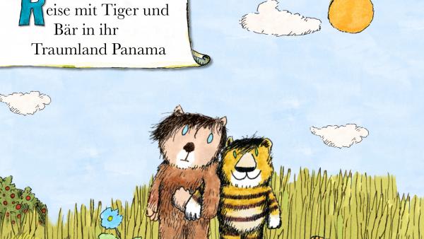 Screenshot: gezeichnetes Bild mit dem kleinen Bär und dem kleinen Tiger, die Arm in Arm auf einer Wiese stehen. Oben links steht "Reise mit Tiger und Bar in ihr Traumland Panama"