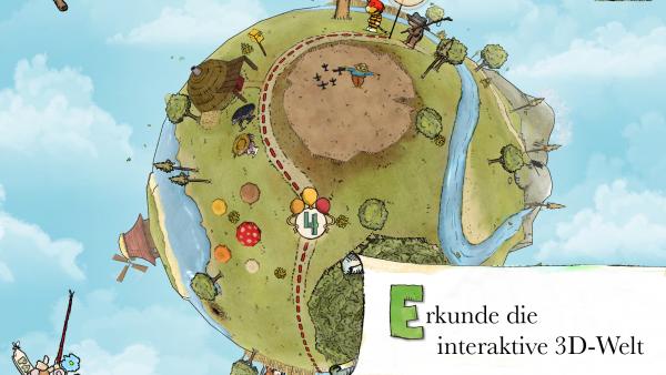 Screenshot: Gezeichnete Mini-Weltkugel mit diversen Objekten wie Bäume, ein Fluss und Gebirge, ein rundes Zelt, eine Windmühle und Tiger und Bär. Rechts unten steht "Erkunde die interaktive 3D-Welt"