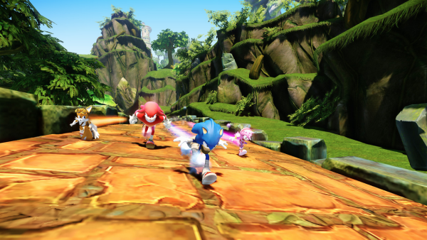 Sonic und seine Freunde rennen durch Tempelruinen.